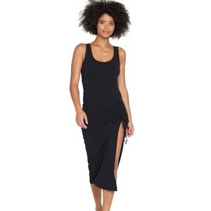 NWT L*SPACE “Sandpiper” Black Ribbed Midi Dress with Ruched Side Tie- Large